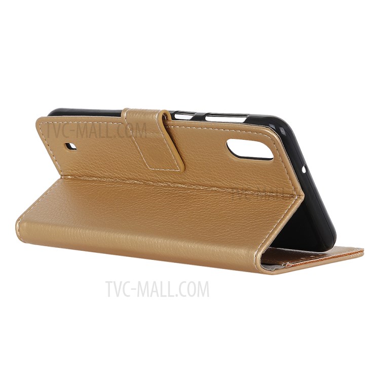 Litchi Skin Wallet Leather Stand Case for Samsung Galaxy A01 - Gold-11