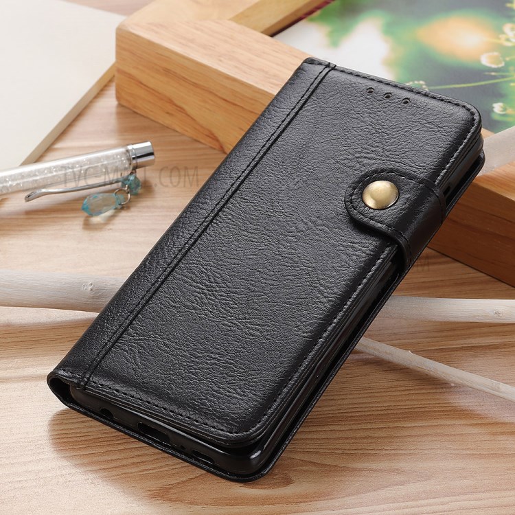 Single Brass Button Litchi Skin Leather Cell Phone Cover for Samsung Galaxy A21 - Black-10