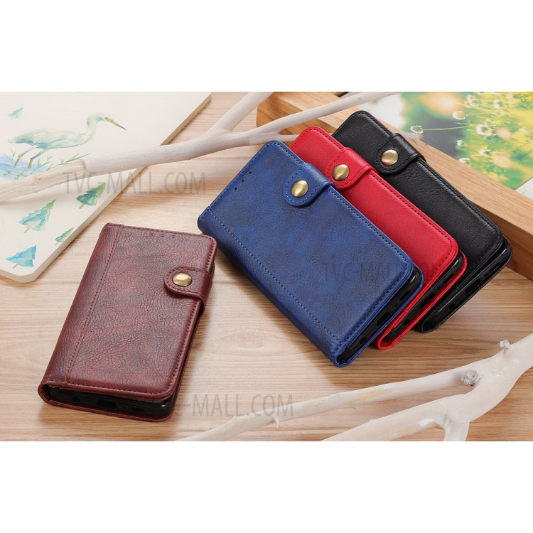 Single Brass Button Litchi Skin Leather Cell Phone Cover for Samsung Galaxy A21 - Black-11