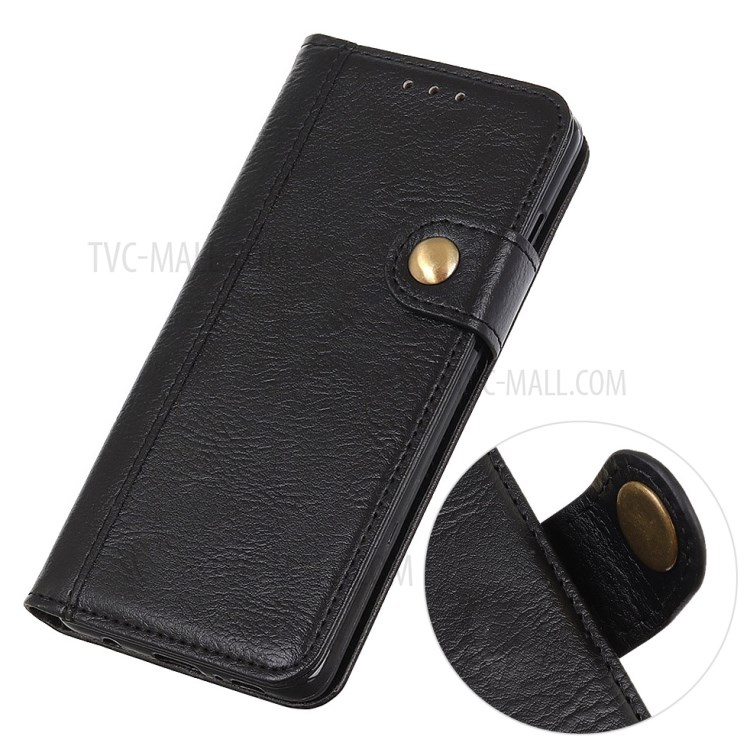 Single Brass Button Litchi Skin Leather Cell Phone Cover for Samsung Galaxy A21 - Black-3