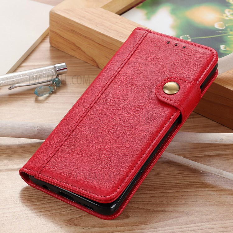 Single Brass Button Litchi Skin Leather Cell Phone Cover for Samsung Galaxy A21 - Red-10