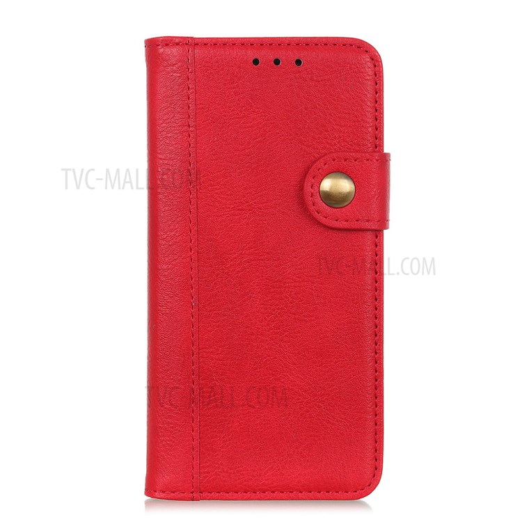 Single Brass Button Litchi Skin Leather Cell Phone Cover for Samsung Galaxy A21 - Red-2