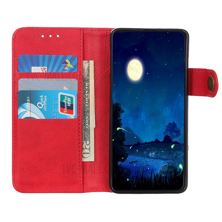 Single Brass Button Litchi Skin Leather Cell Phone Cover for Samsung Galaxy A21 - Red-5