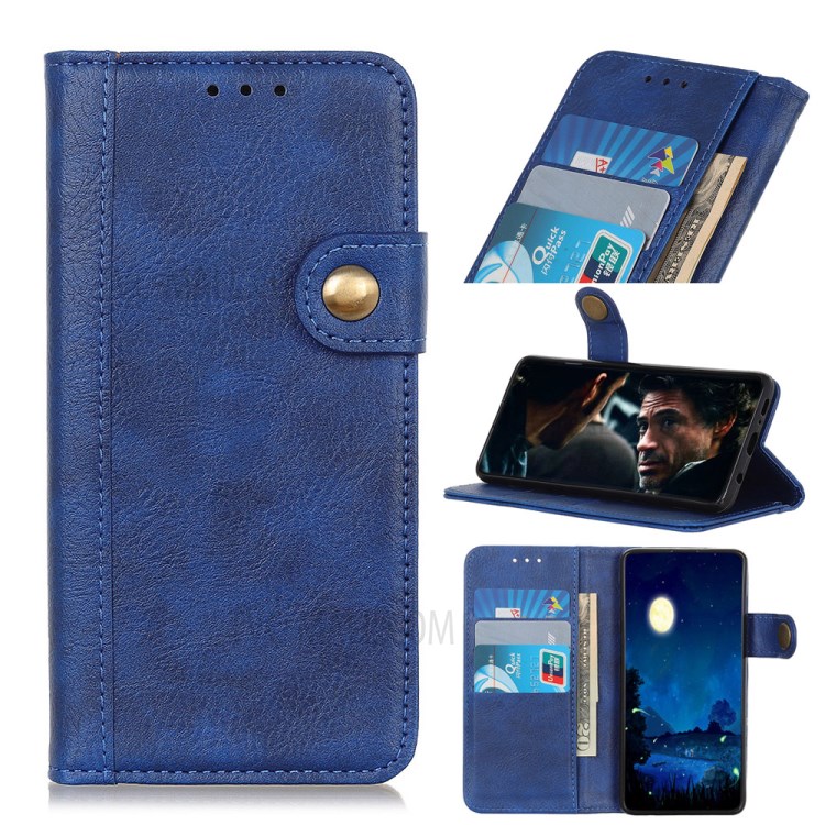 Single Brass Button Litchi Skin Leather Cell Phone Cover for Samsung Galaxy A21 - Blue-1