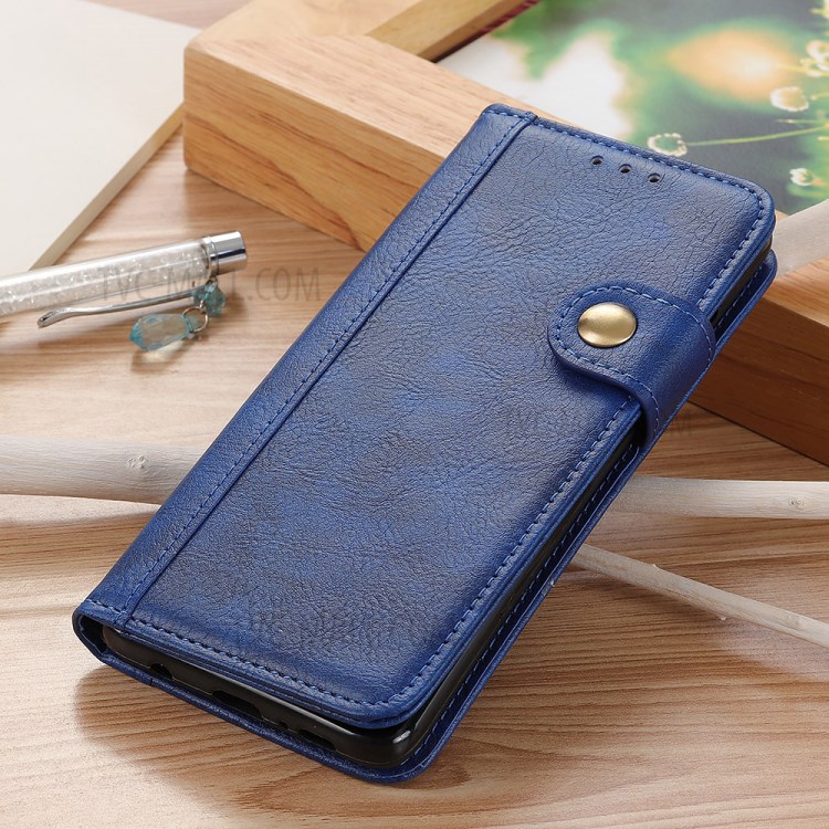 Single Brass Button Litchi Skin Leather Cell Phone Cover for Samsung Galaxy A21 - Blue-10