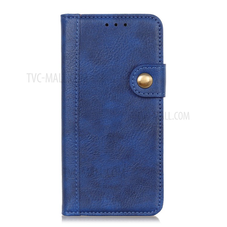 Single Brass Button Litchi Skin Leather Cell Phone Cover for Samsung Galaxy A21 - Blue-2