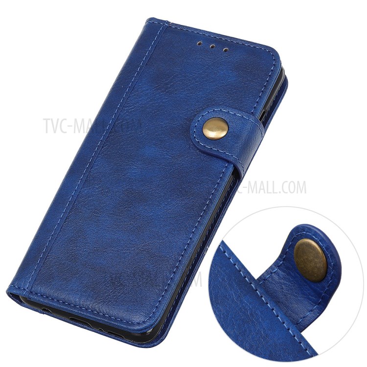 Single Brass Button Litchi Skin Leather Cell Phone Cover for Samsung Galaxy A21 - Blue-3