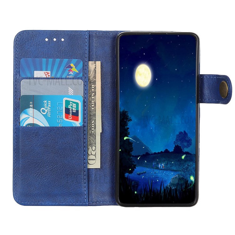 Single Brass Button Litchi Skin Leather Cell Phone Cover for Samsung Galaxy A21 - Blue-5