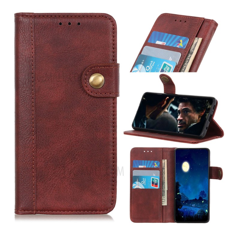 Single Brass Button Litchi Skin Leather Cell Phone Cover for Samsung Galaxy A21 - Brown-1