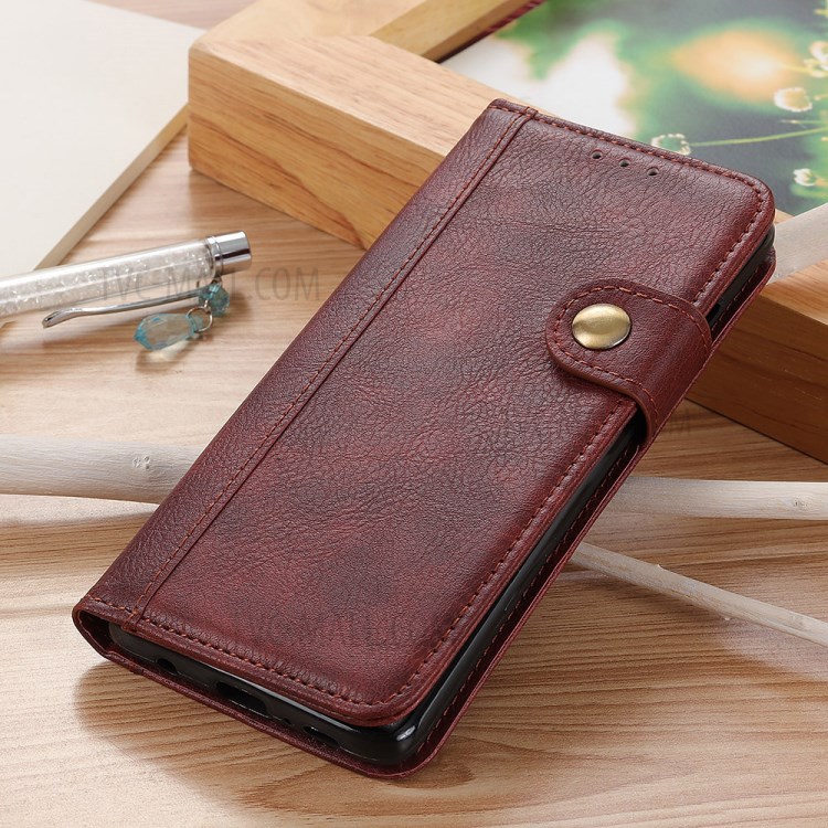Single Brass Button Litchi Skin Leather Cell Phone Cover for Samsung Galaxy A21 - Brown-10