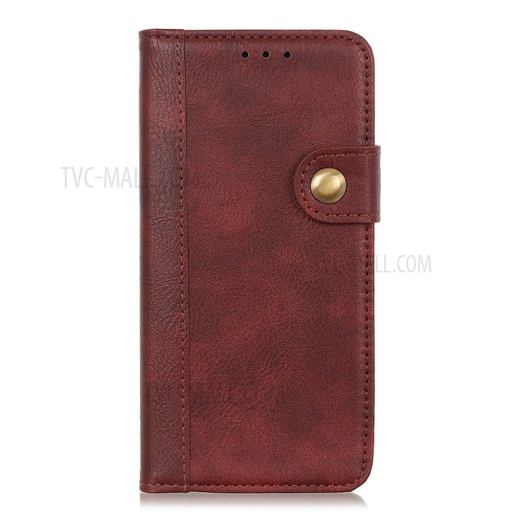 Single Brass Button Litchi Skin Leather Cell Phone Cover for Samsung Galaxy A21 - Brown-2