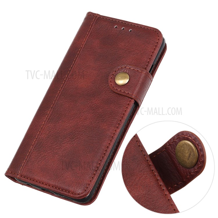 Single Brass Button Litchi Skin Leather Cell Phone Cover for Samsung Galaxy A21 - Brown-3