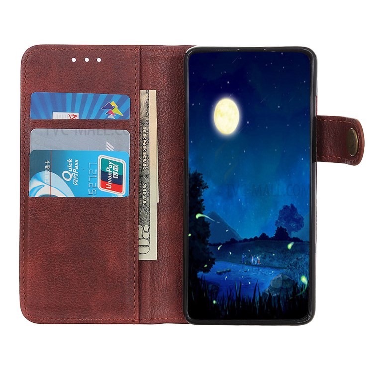 Single Brass Button Litchi Skin Leather Cell Phone Cover for Samsung Galaxy A21 - Brown-5