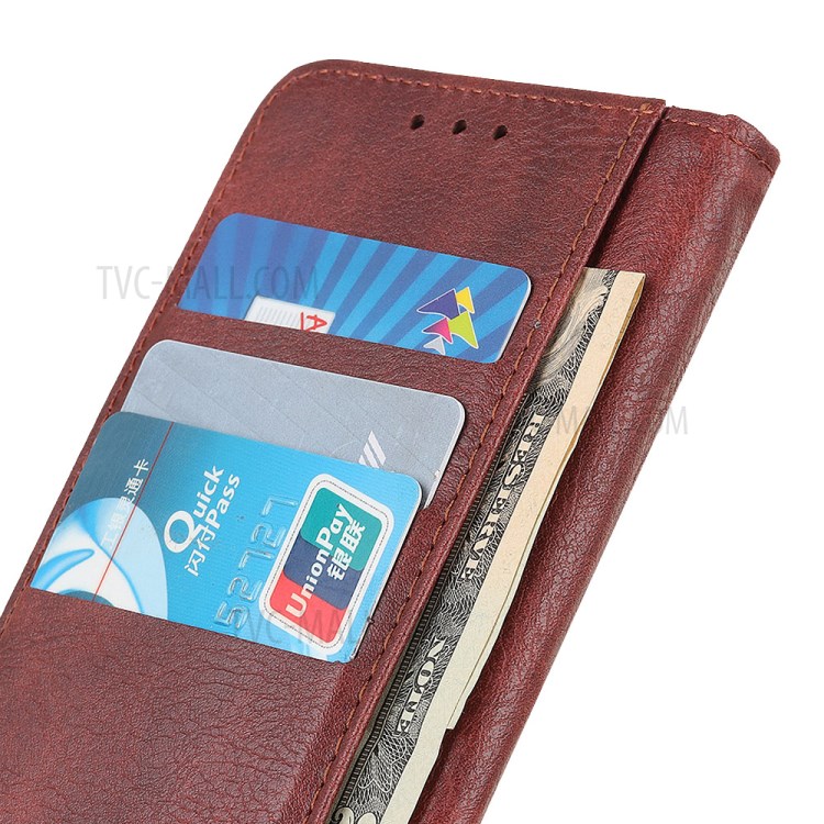 Single Brass Button Litchi Skin Leather Cell Phone Cover for Samsung Galaxy A21 - Brown-6
