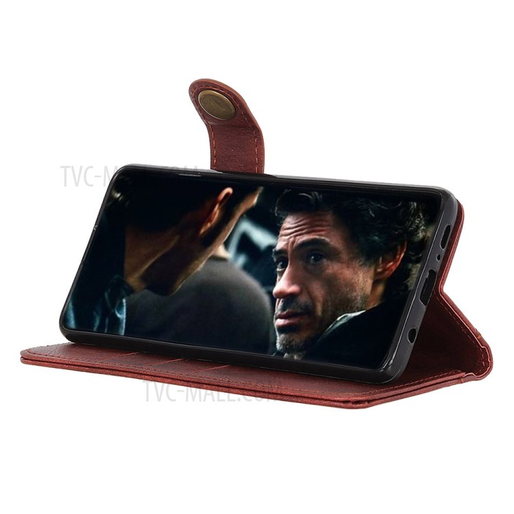 Single Brass Button Litchi Skin Leather Cell Phone Cover for Samsung Galaxy A21 - Brown-7