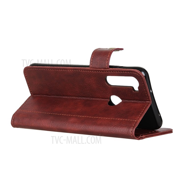 Single Brass Button Litchi Skin Leather Cell Phone Cover for Samsung Galaxy A21 - Brown-9