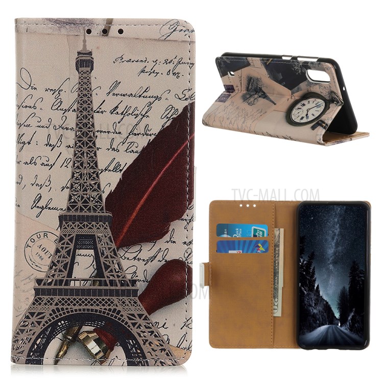 Pattern Printing PU Leather Wallet Stand Phone Case for Samsung Galaxy A01 - Eiffel Tower and Letters-1