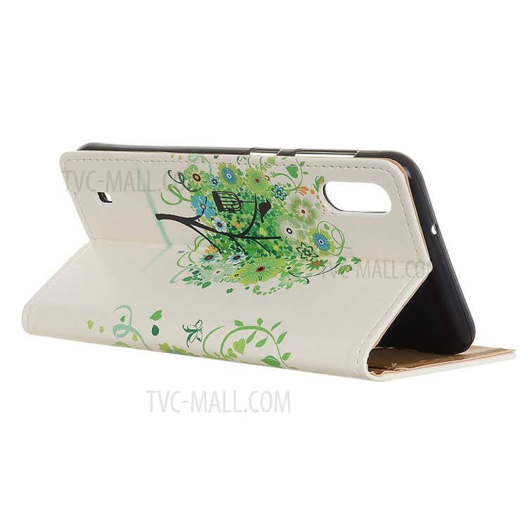 Pattern Printing PU Leather Wallet Stand Phone Case for Samsung Galaxy A01 - Green Tree with Birdcage-3