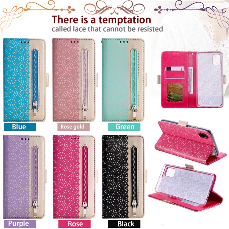 Lace Flower Pattern Zipper Pocket Leather Wallet Stand Case for Samsung Galaxy A71 - Black-7