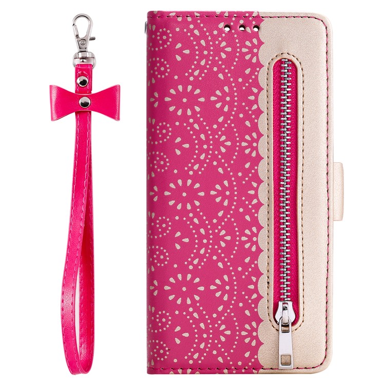 Lace Flower Pattern Zipper Pocket Leather Wallet Stand Case for Samsung Galaxy A71 - Rose-1