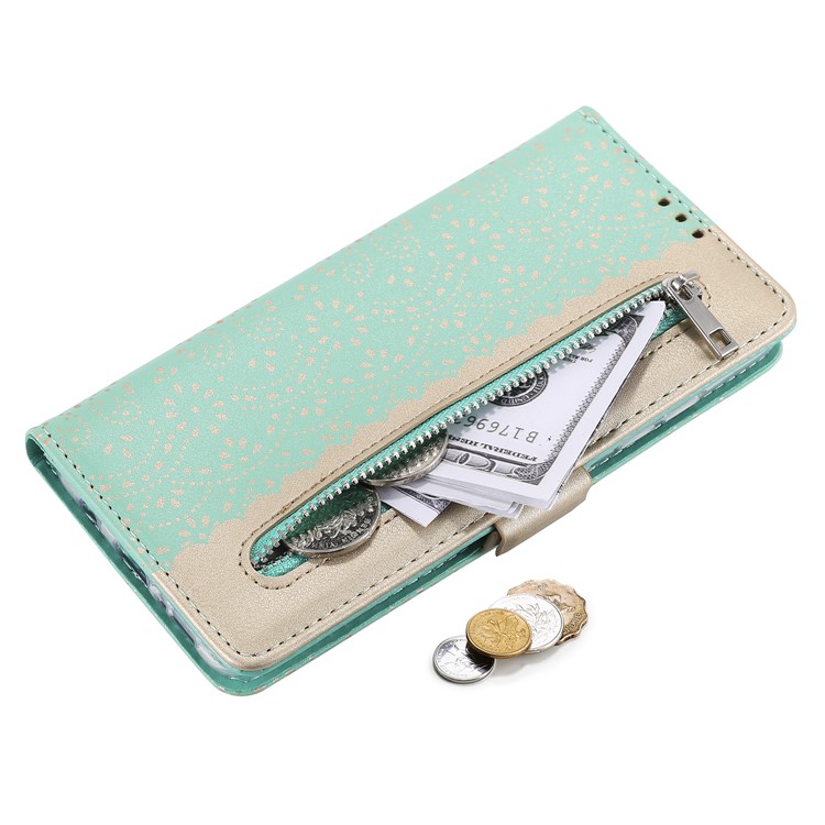 Lace Flower Pattern Zipper Pocket Leather Wallet Stand Case for Samsung Galaxy A71 - Cyan-5