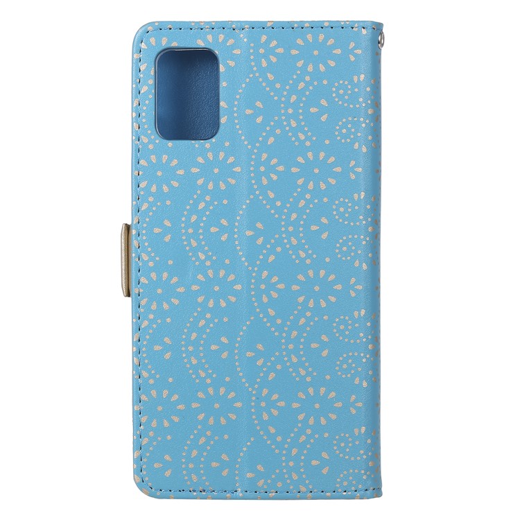 Motif de Fleurs en Dentelle Étui de Support de Portefeuille en Cuir de Poche à Fermeture Éclair Pour Samsung Galaxy A71 - Bleu-2