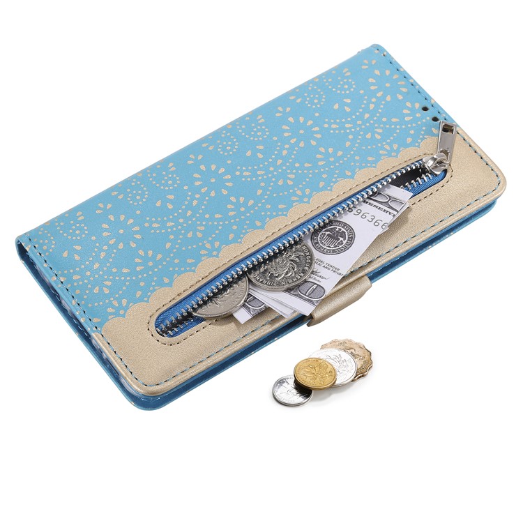 Motif de Fleurs en Dentelle Étui de Support de Portefeuille en Cuir de Poche à Fermeture Éclair Pour Samsung Galaxy A71 - Bleu-5