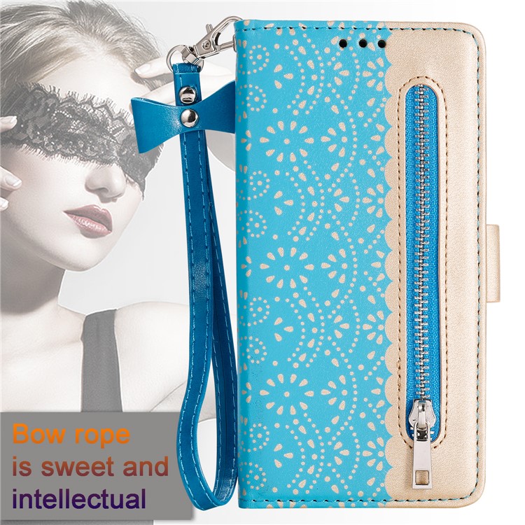 Lace Flower Pattern Zipper Pocket Leather Wallet Stand Case for Samsung Galaxy A71 - Blue-6