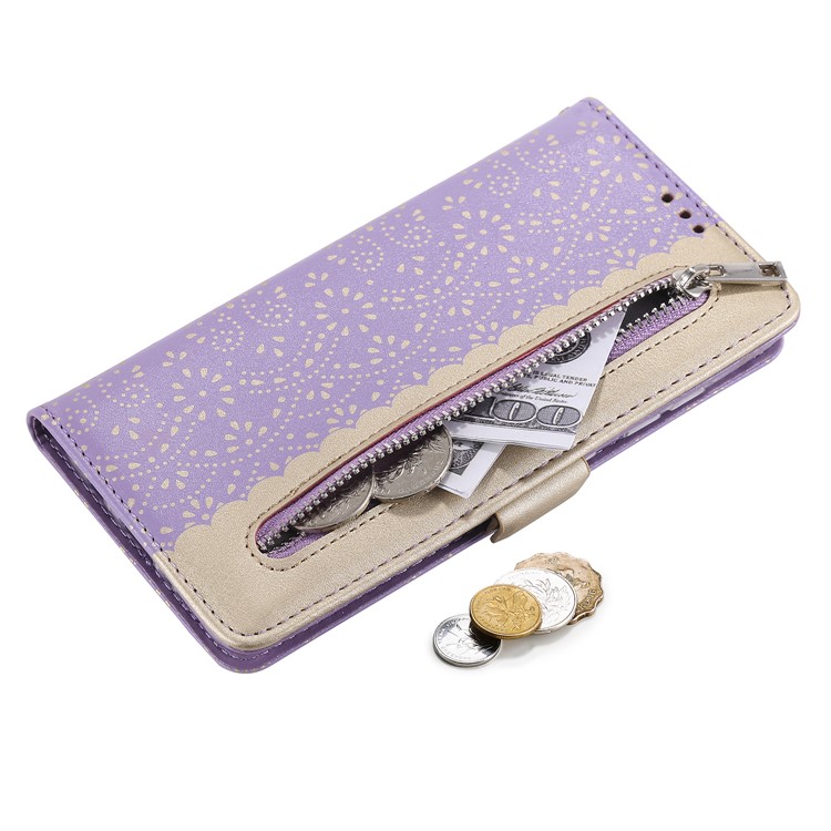 Lace Flower Pattern Zipper Pocket Leather Wallet Stand Case for Samsung Galaxy A71 - Purple-5