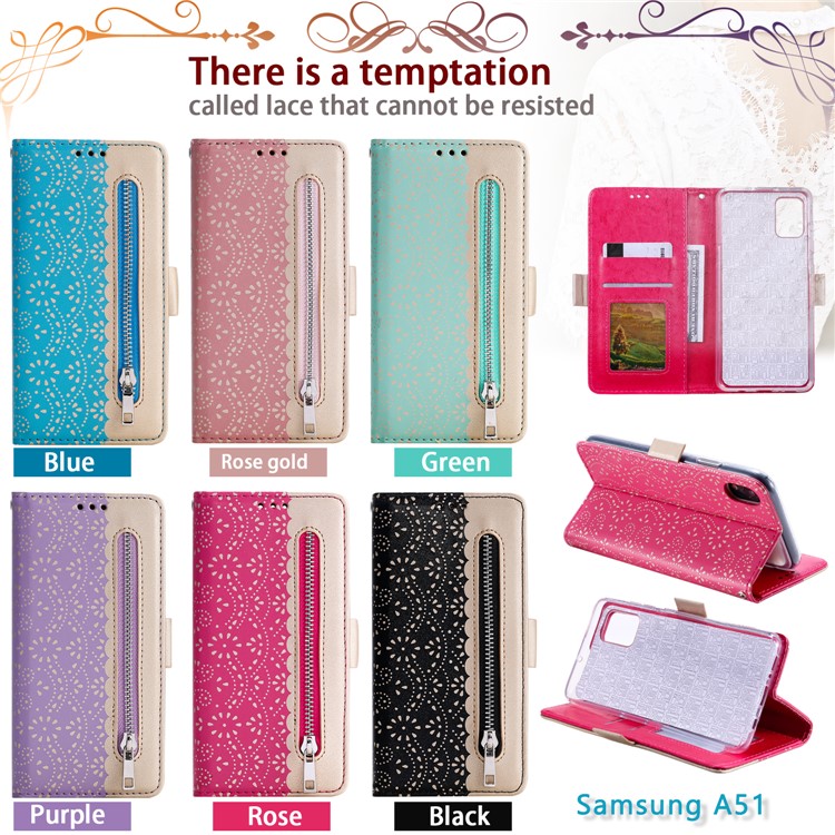 Lace Flower Pattern Zipper Pocket Wallet Leather Stand Case for Samsung Galaxy A51 - Black-7