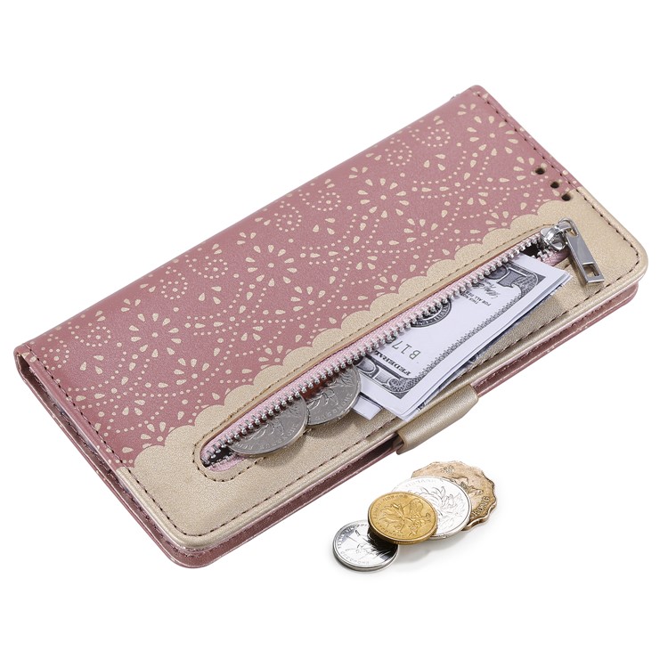 Lace Flower Pattern Zipper Pocket Wallet Leather Stand Case for Samsung Galaxy A51 - Pink-5