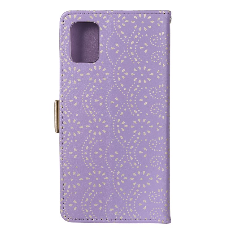 Lace Flower Pattern Zipper Pocket Wallet Leather Stand Case for Samsung Galaxy A51 - Purple-2