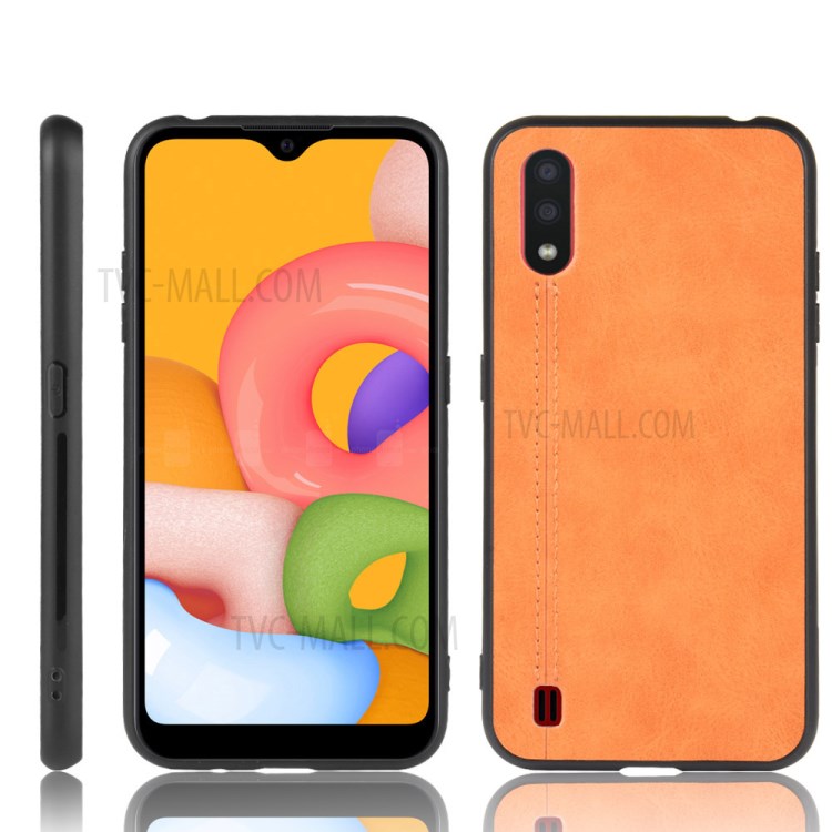 PU Leather Coated PC + TPU Casing for Samsung Galaxy A01 - Brown-1