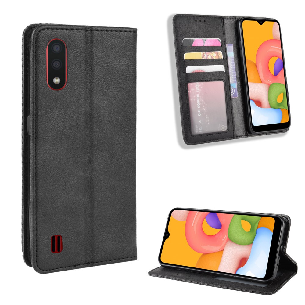 Vintage Style Wallet Leather Stand Case for Samsung Galaxy A01 - Black-1
