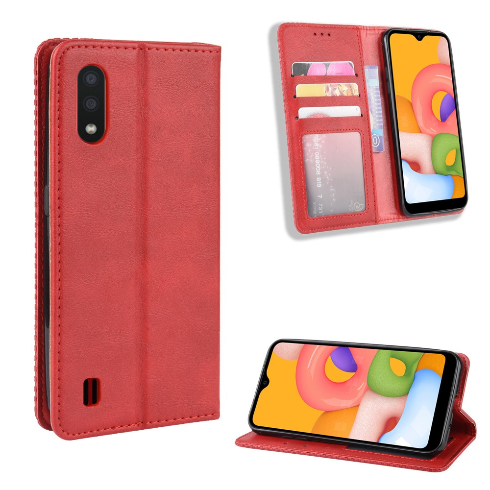 Vintage Style Wallet Leather Stand Case for Samsung Galaxy A01 - Red-1