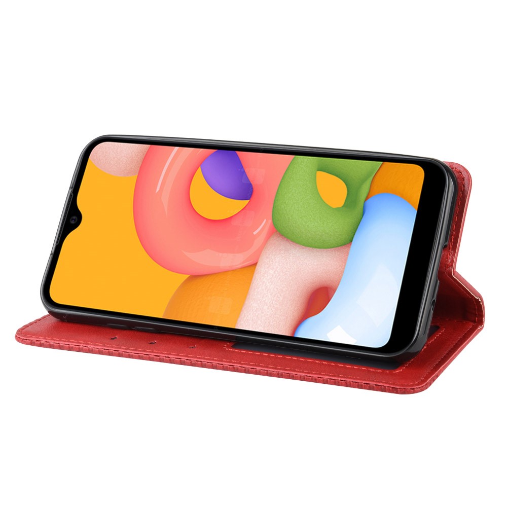 Vintage Style Wallet Leder Stand Hülle Für Samsung Galaxy A01 - Rot-7