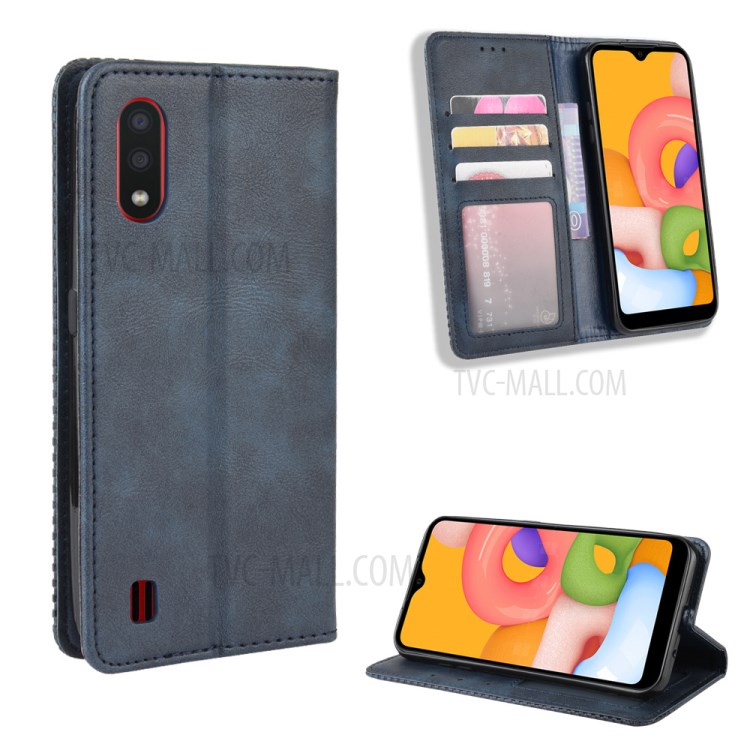 Vintage Style Wallet Leather Stand Case for Samsung Galaxy A01 - Blue-1