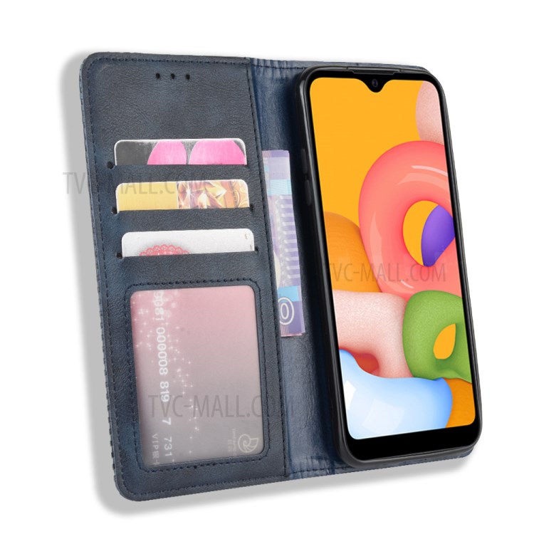Vintage Style Wallet Leather Stand Case for Samsung Galaxy A01 - Blue-6