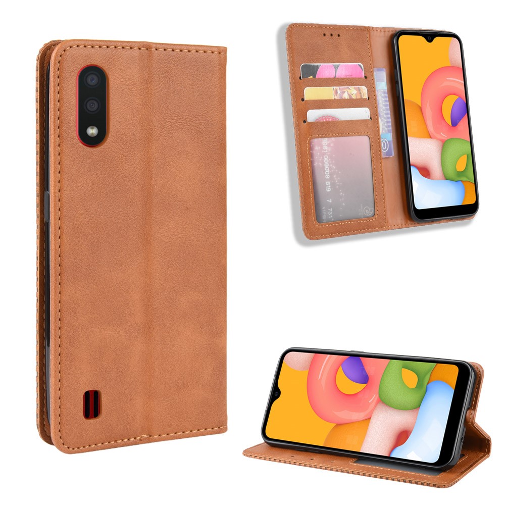 Vintage Style Wallet Leather Stand Case for Samsung Galaxy A01 - Brown-1