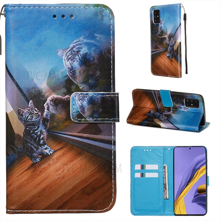Pattern Printing PU Leather Wallet Phone Cover for Samsung Galaxy A51 - Cat and Tiger Reflection-1