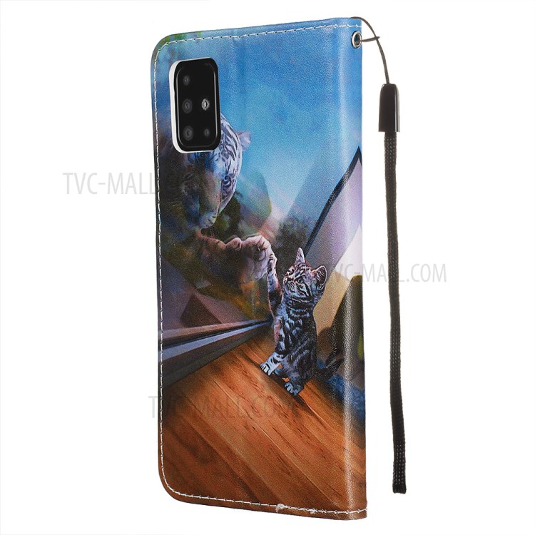 Pattern Printing PU Leather Wallet Phone Cover for Samsung Galaxy A51 - Cat and Tiger Reflection-4