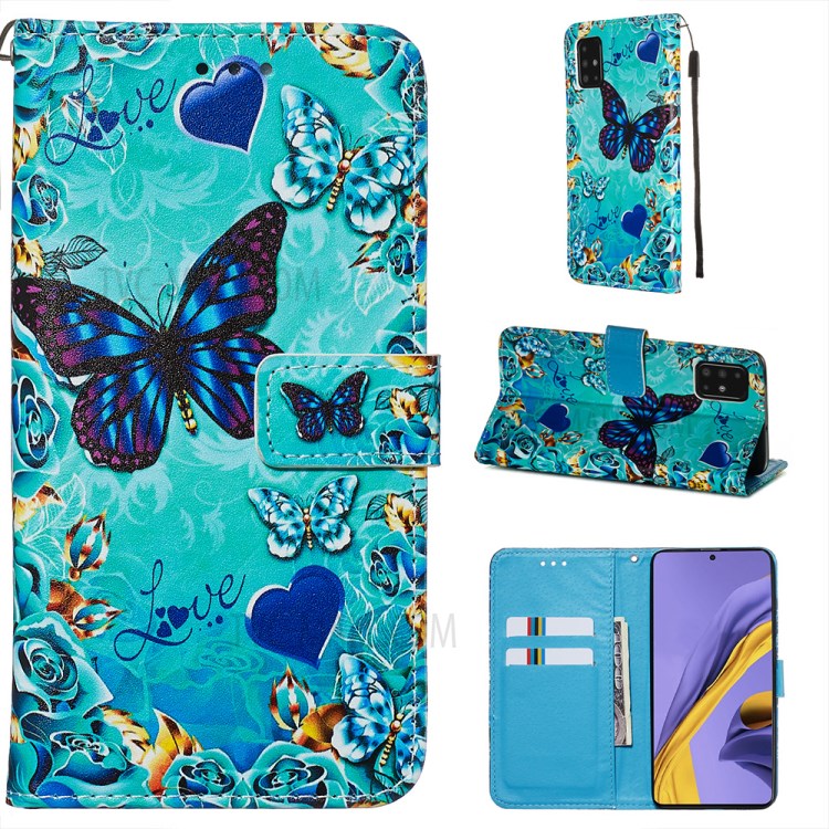 Pattern Printing PU Leather Wallet Phone Cover for Samsung Galaxy A51 - Blue Butterflies-1