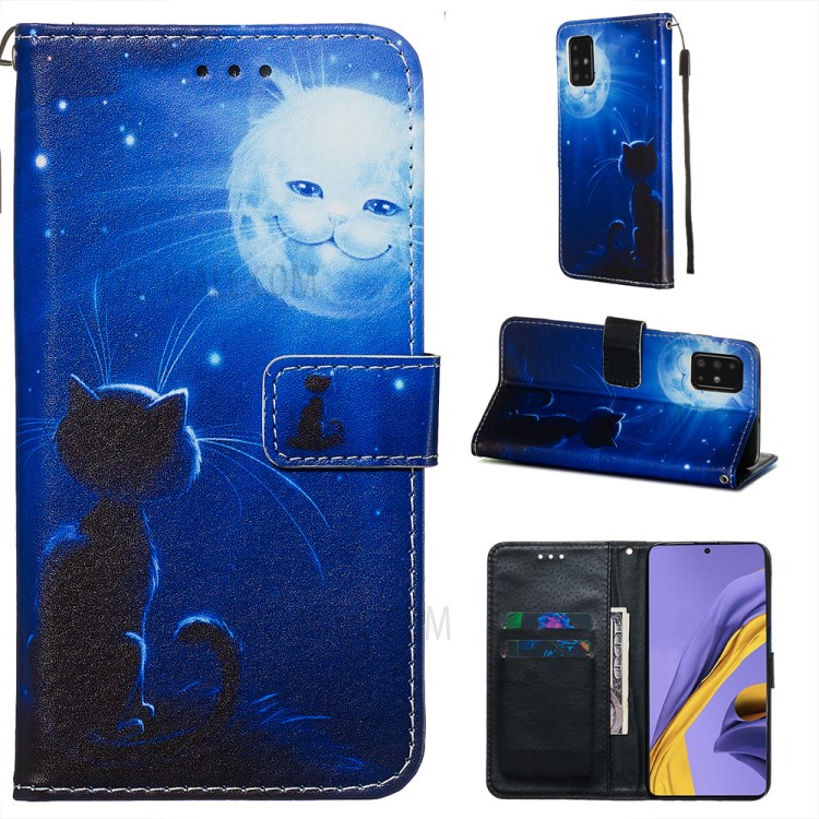 Pattern Printing PU Leather Wallet Phone Cover for Samsung Galaxy A51 - Moon and Cat Smile-1