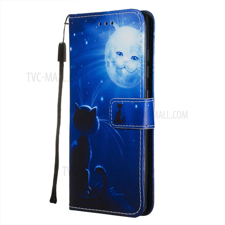 Pattern Printing PU Leather Wallet Phone Cover for Samsung Galaxy A51 - Moon and Cat Smile-3