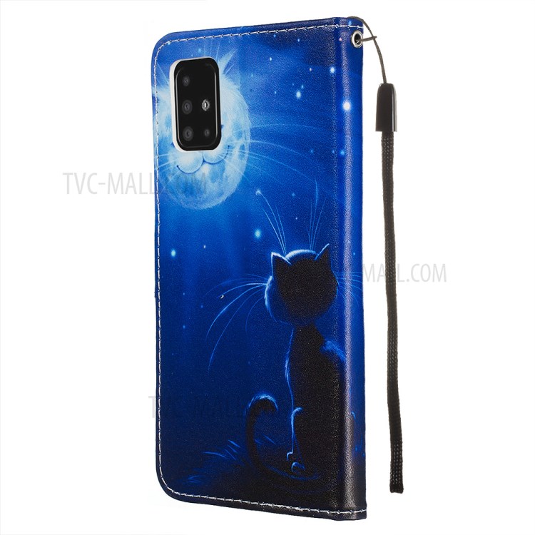 Pattern Printing PU Leather Wallet Phone Cover for Samsung Galaxy A51 - Moon and Cat Smile-4