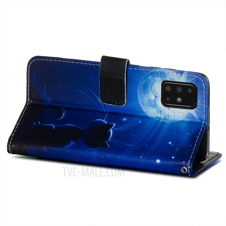 Pattern Printing PU Leather Wallet Phone Cover for Samsung Galaxy A51 - Moon and Cat Smile-6