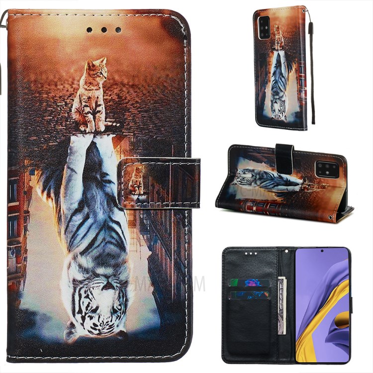 Pattern Printing PU Leather Wallet Phone Cover for Samsung Galaxy A51 - Cat and Tiger Reflection in Water-1