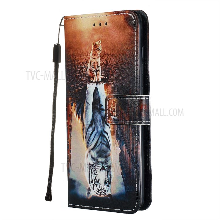 Pattern Printing PU Leather Wallet Phone Cover for Samsung Galaxy A51 - Cat and Tiger Reflection in Water-3