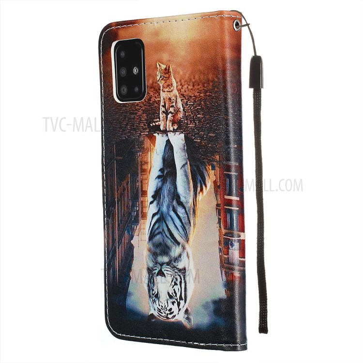 Pattern Printing PU Leather Wallet Phone Cover for Samsung Galaxy A51 - Cat and Tiger Reflection in Water-4