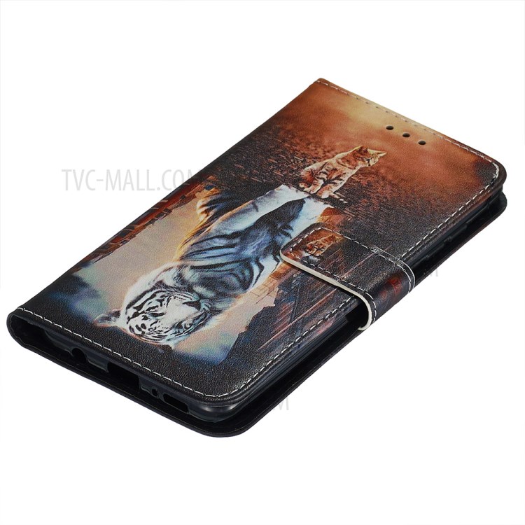 Pattern Printing PU Leather Wallet Phone Cover for Samsung Galaxy A51 - Cat and Tiger Reflection in Water-5